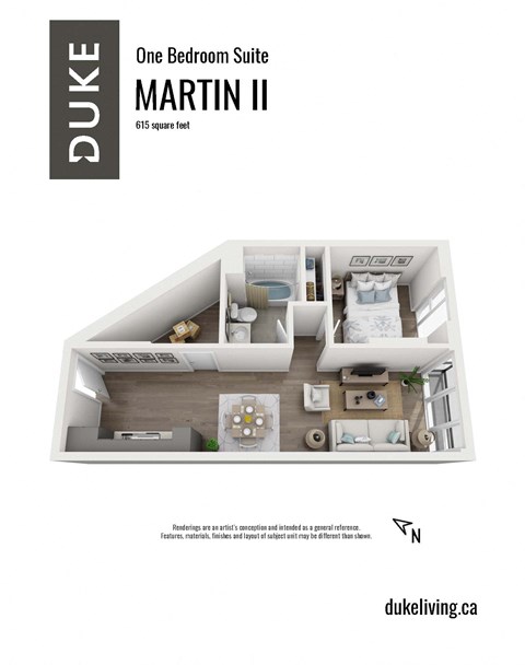 1 bedroom 1 bath apartment floor plan at The Duke